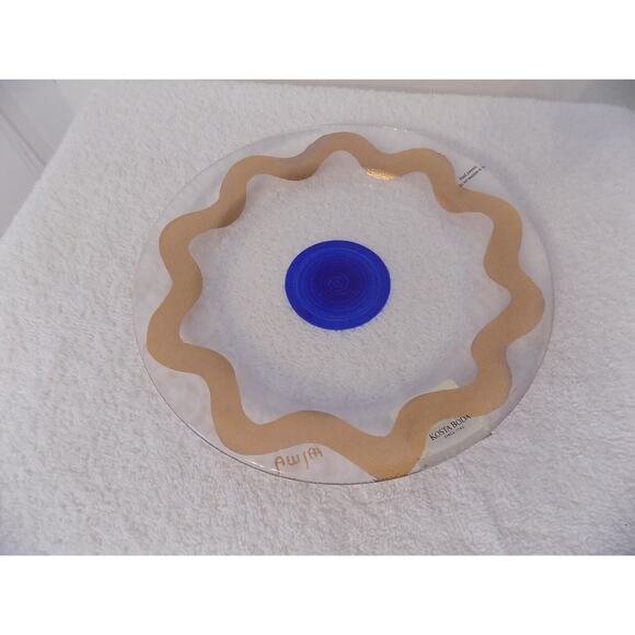 Kosta Boda Glass Cosmos Blue Dot Dessert Plate Gold Rim Signed 8" NEW IN BOX - Picture 2 of 7